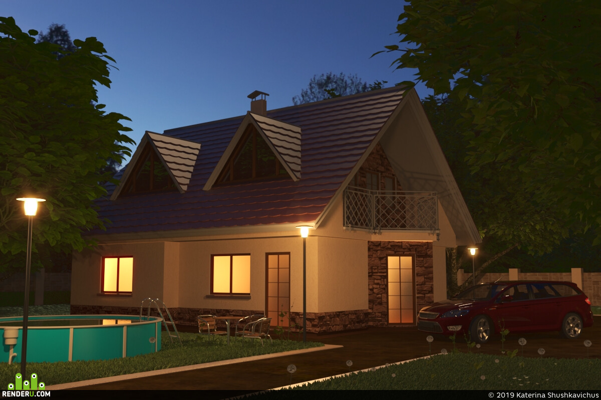 Katerina Shushkavichus. Night exterior. Country house