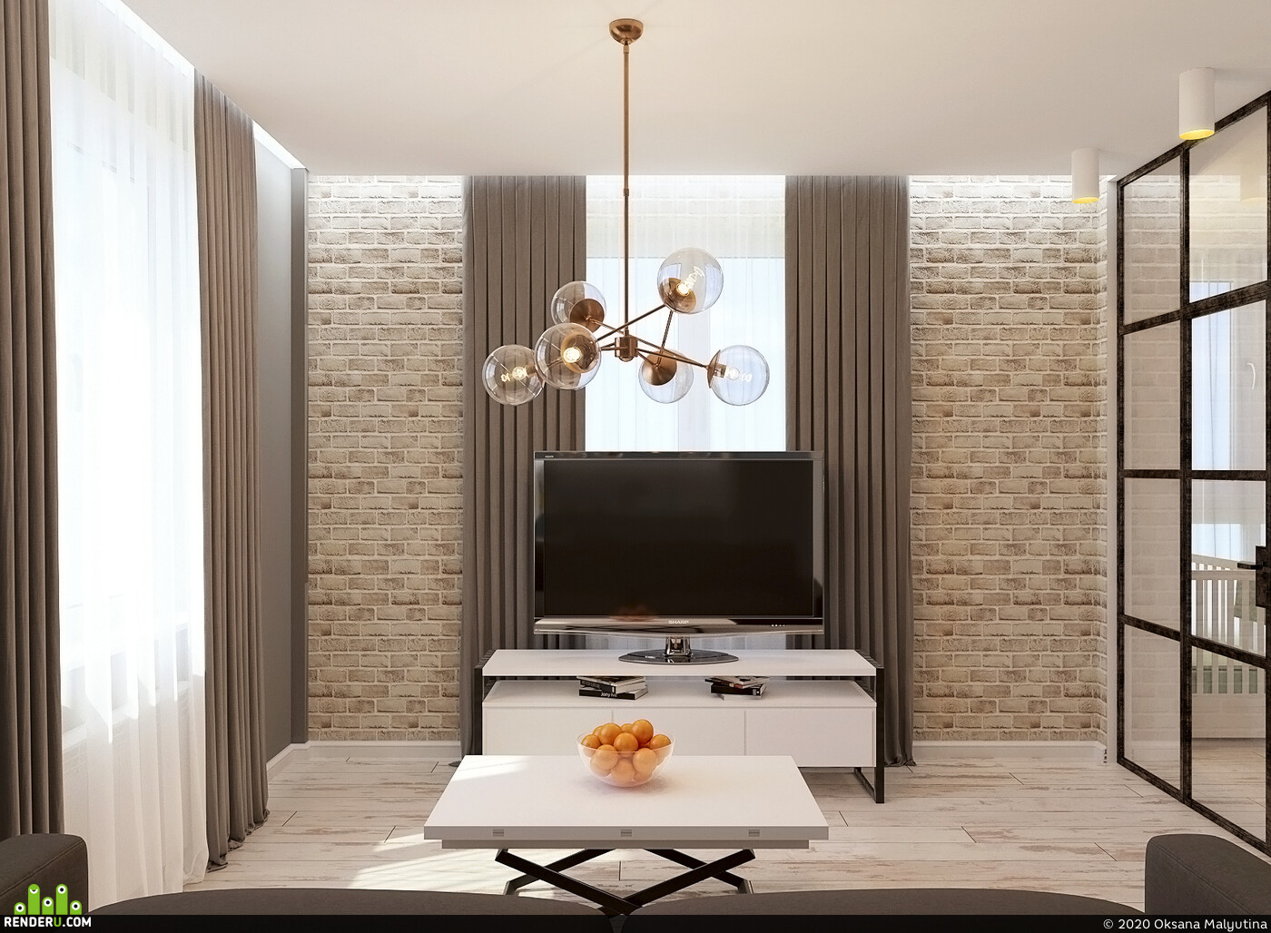 oksamit. A flat for a young family, living room, kitchen, bedroom