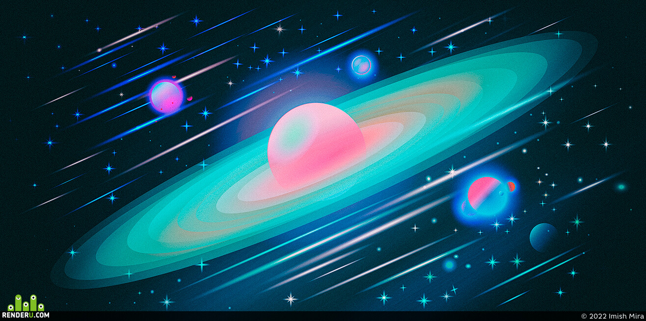 Imish Mira. Retro planet .Minimalistic vector composition