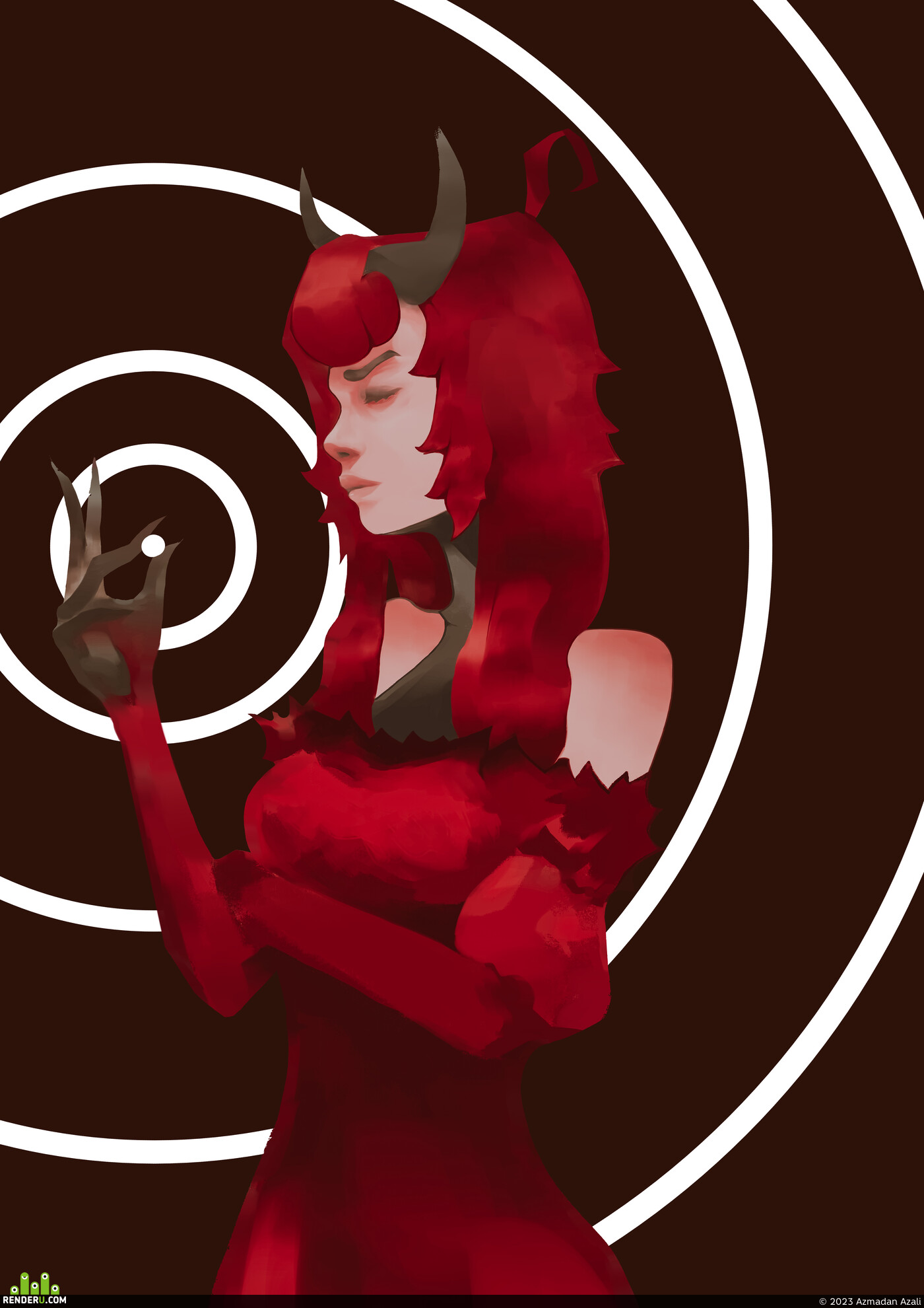 Azmadan Azali. a girl with red hair in a red dress