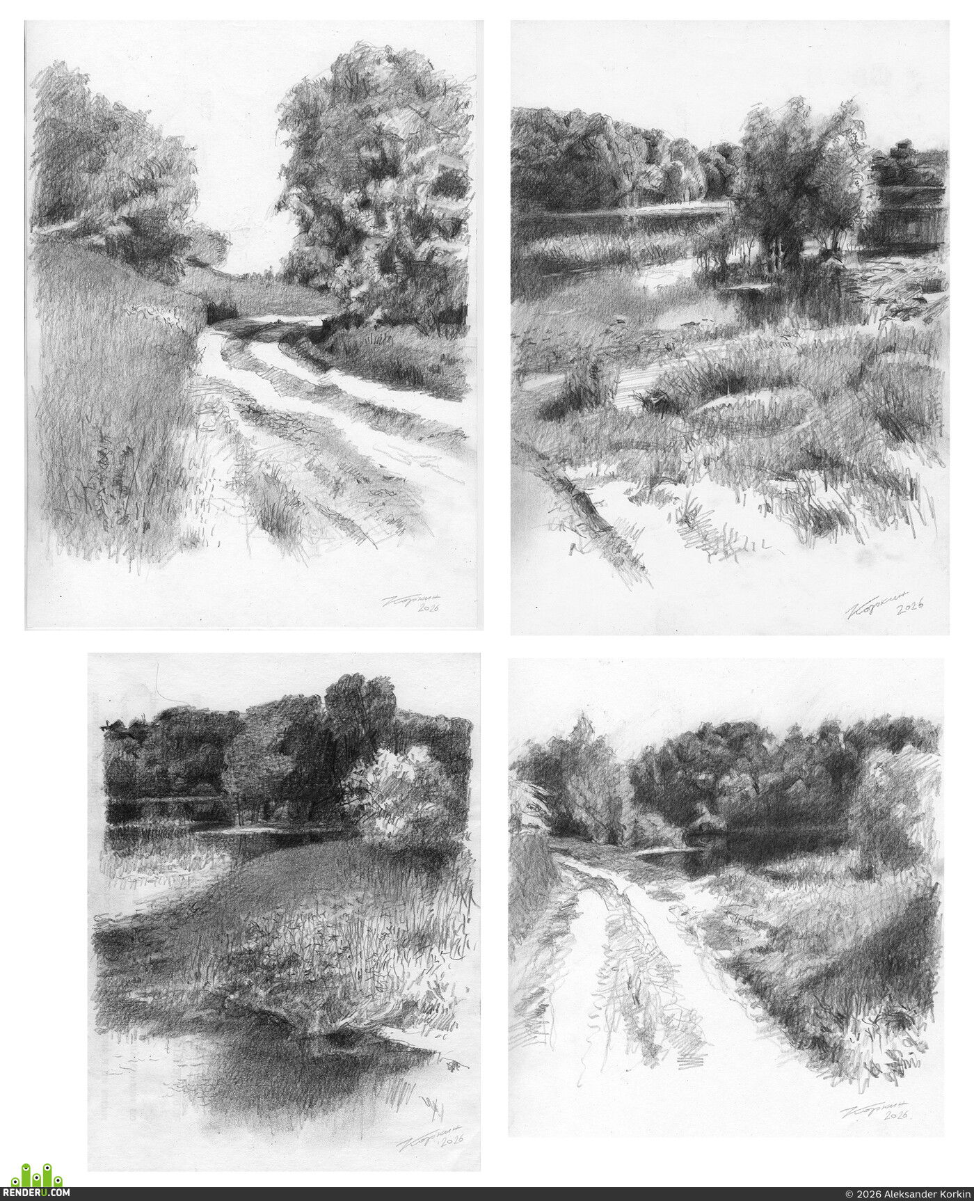 Aleksander Korkin (Aleks Korkin). Plein air sketches. Banks of the B. Karaman River. Paper A4, pencil.