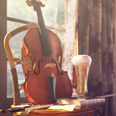 Still life with violin and a glass of beer