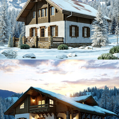 Visualization of houses of timber and logs (Winter)