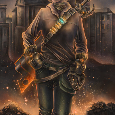 With a sword.
