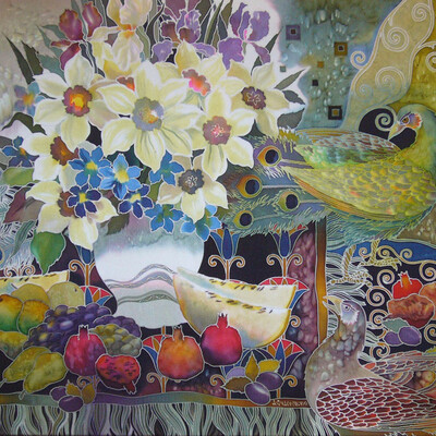 Fruits, flowers and birds.