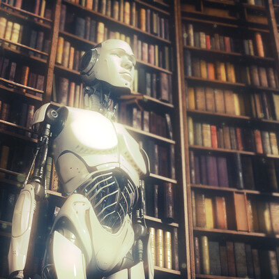 Futuristic robot in classic library