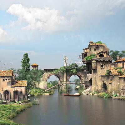 Landscape with the ruins of a Roman bridge and the angel