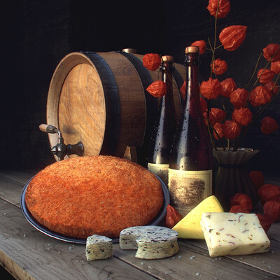Still life with cake and physalis.