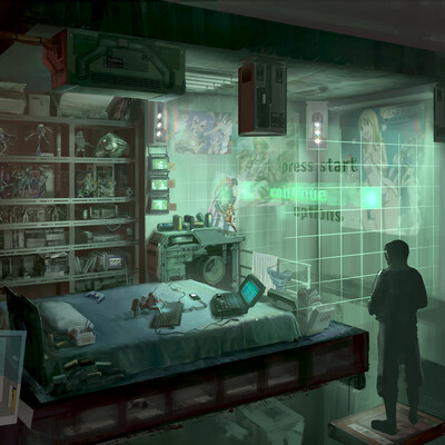 Cyberpunk. Otaku Place, bedroom.