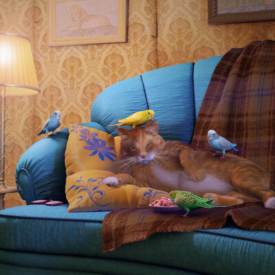 Interior with cat and parrots