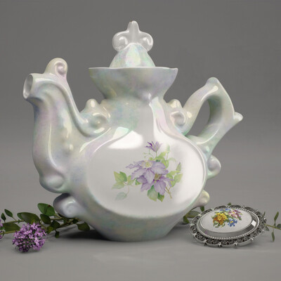 Teapot, brooch and thyme