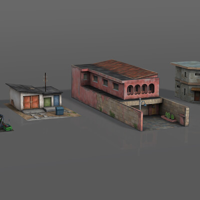 Set of four low poly game-ready buildings.
