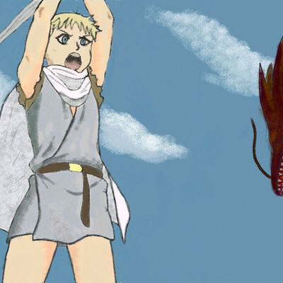 The young prince, or is he not a prince, trying to kill the snake.