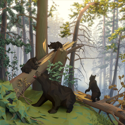 Morning in a pine forest (low poly style)
