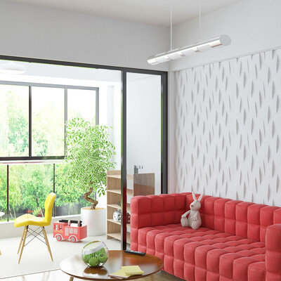 Living room with a red sofa