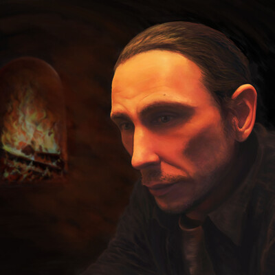 Thoughtful male portrait with a fireplace