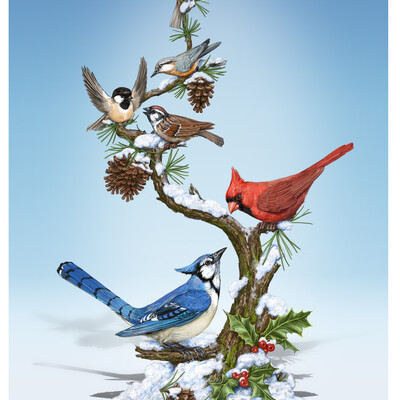Birds on vertical branch.