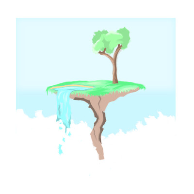  A small field with a lake and a tree against a background of clouds and sky