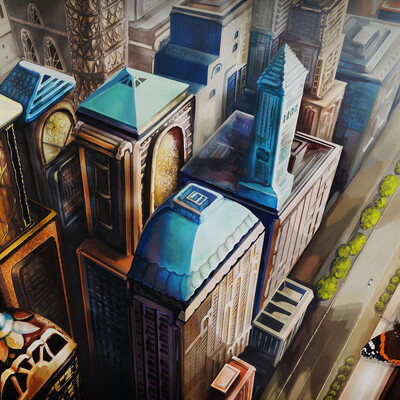 View of the fantasy city from the flight height