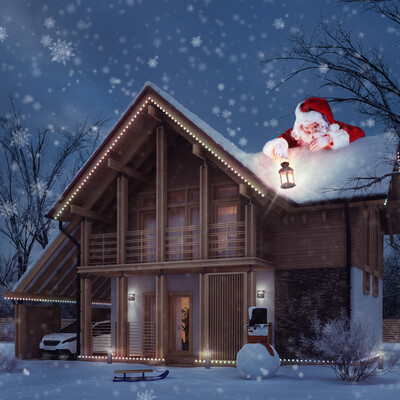 3D visualization of the winter scene. Combined house of brick and wood