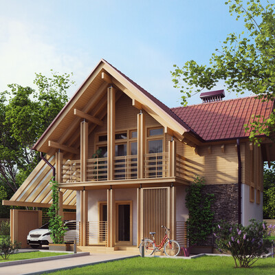 Combined house of brick and wood - 3D visualization