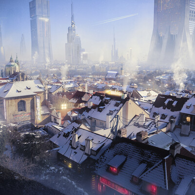 Future Prague under snow