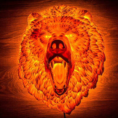 Fire angry Bear wall sculpture, night light