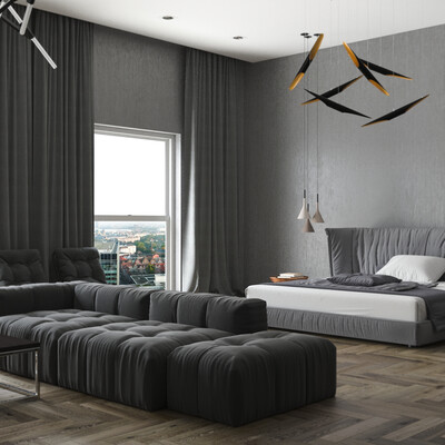 Master bedroom and living