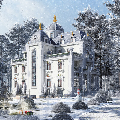 Visualization of a private residential building in the snowy winter.