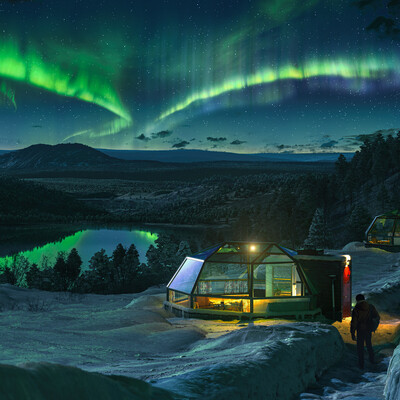 Glass igloos in the Nothern Lights