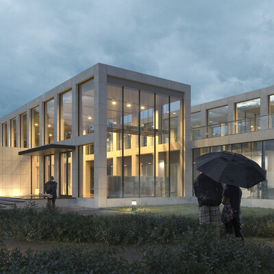 Visualization of a public building with a pool.