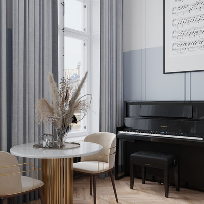 Kitchen, living room for a creative person. The apartment is located in the historic district of the modern city of London.