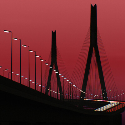 Bridge over scarlet sky