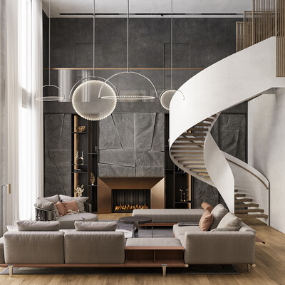 Visualization of the living room, kitchen and dining area of ​​a country house.