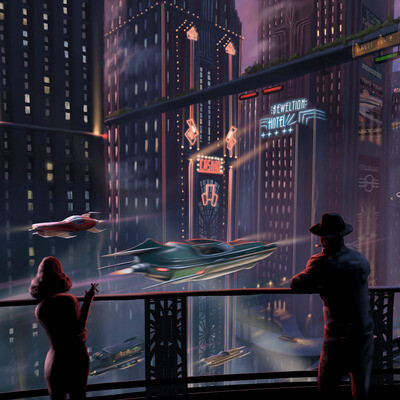 Noir retrofuturistic city