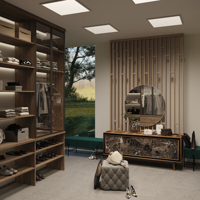 Fachwerk wardrobe with electrochromic glass walls. (Visualization commissioned by a furniture studio - Deshkaff)