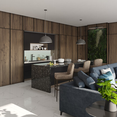 Visualization of a hidden kitchen in a private house. (The work was commissioned by the furniture studio - Deshkaff.)