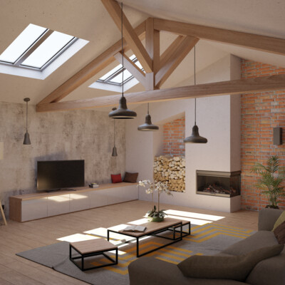 The idea of ​​a living room in a country house.