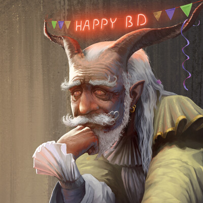 An old demon leading a children's party in an existential crisis