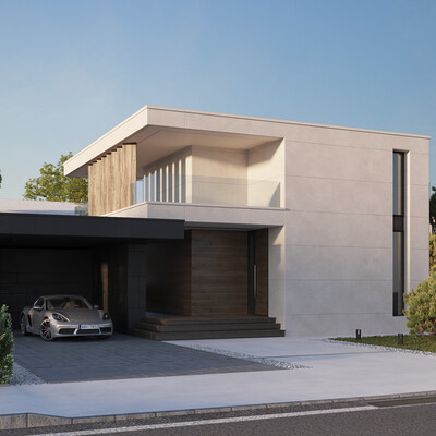 Exterior visualization of a high-tech private house for a construction company.