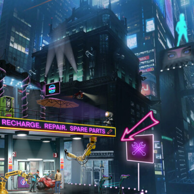 Tech station, cyberpunk, city