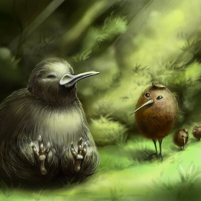 Kiwi bird and kiwi fruits