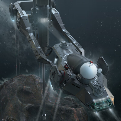 Mining on rock debris in space (concept spaceship and drill)