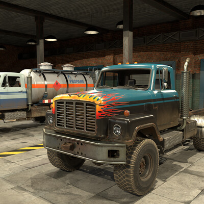 garage with trucks