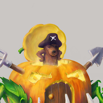 Character. Cartoon pirate on a pumpkin transport.
