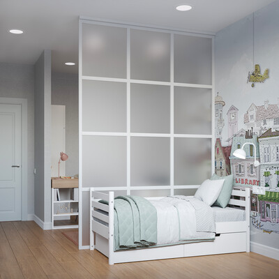 The children's bedroom is divided by a glass partition. Made in two versions