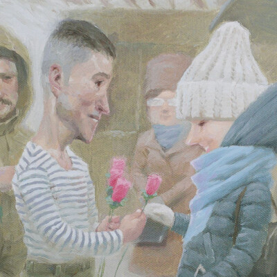 On Sunday, in November, a boy in a vest handed out flowers to the ladies