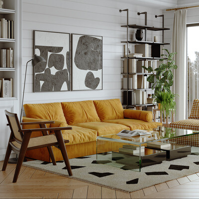 The interior of the living area, leading into the kitchen.