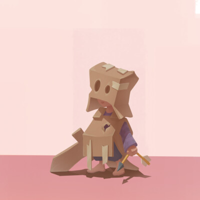 A boy in cardboard armor