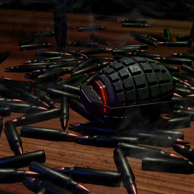 Knife, grenade and cartridges on the table.